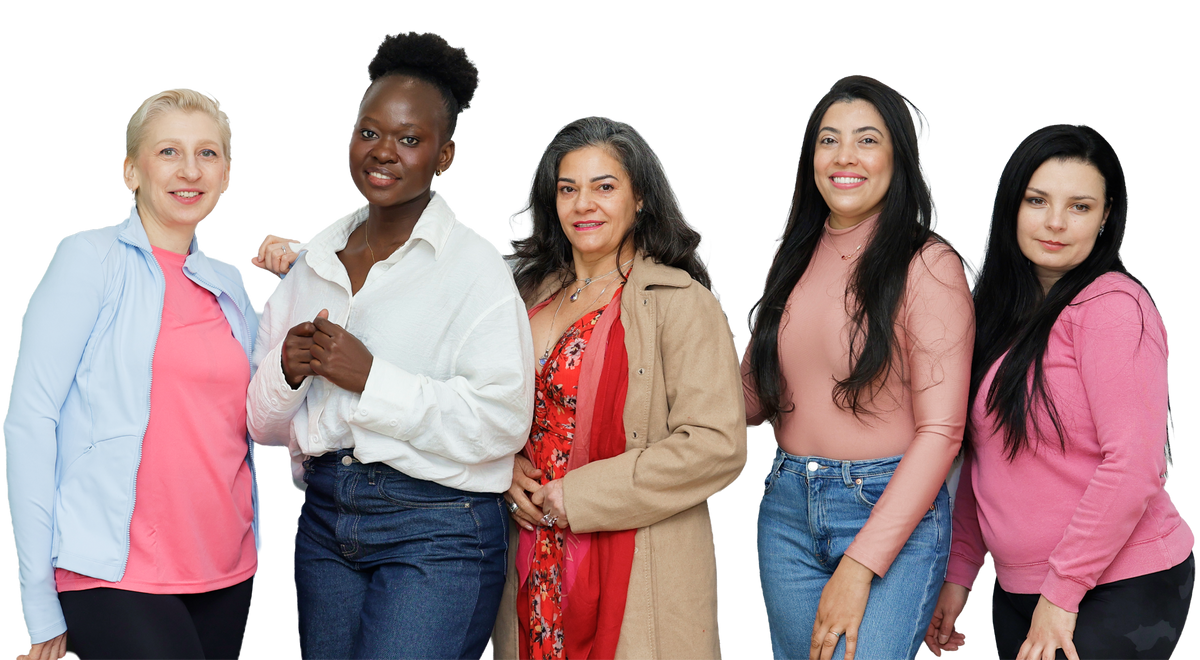 Five smiling women of different ages and backgrounds from the SHEIQ menopause community